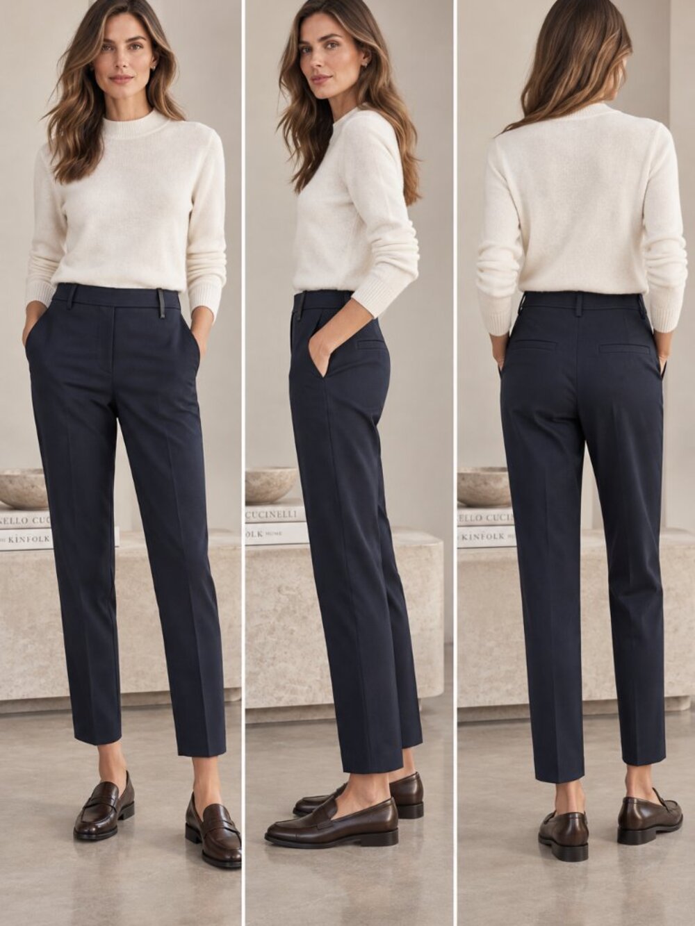 Brunello Cucinelli Navy Pants Monili Loop Wool Stretch Straight Leg Pant Size 4